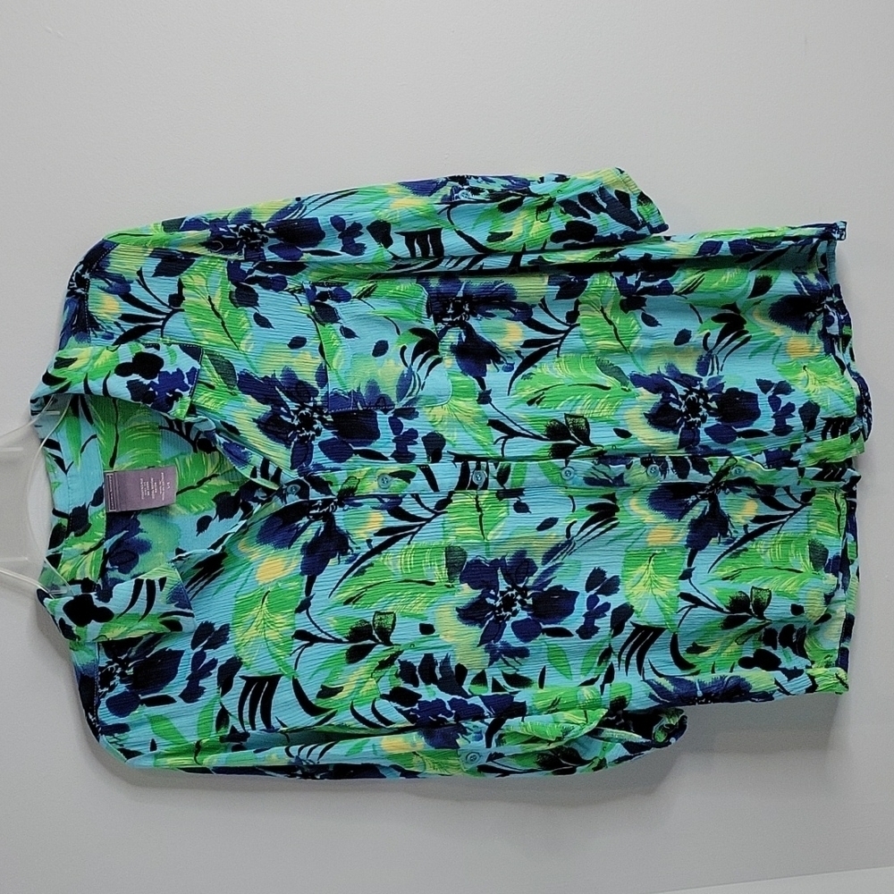 Laura Scott Tropical Blue Green Yellow Floral Button Front Shirt size Large